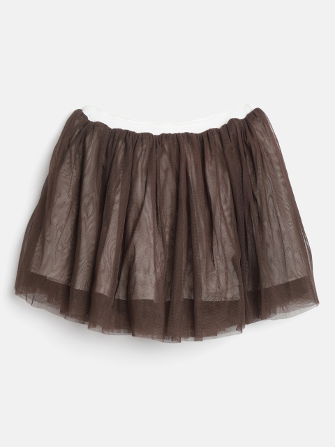 

I AM FOR YOU Girls Coffee Brown & White Net Layered Flared Skirt