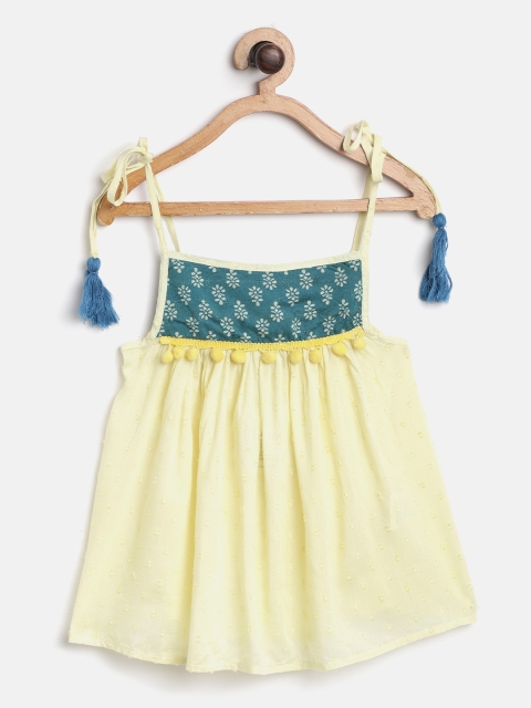 

I AM FOR YOU Girls Yellow Self Design Empire Pure Cotton Top with Pom-Pom Detail