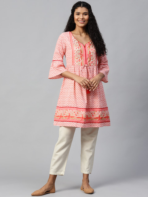 

Rain & Rainbow Women Pink & White Printed A-Line Tunic