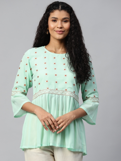 

Rain & Rainbow Women Sea Green & Rust Brown Embroidered A-Line Top