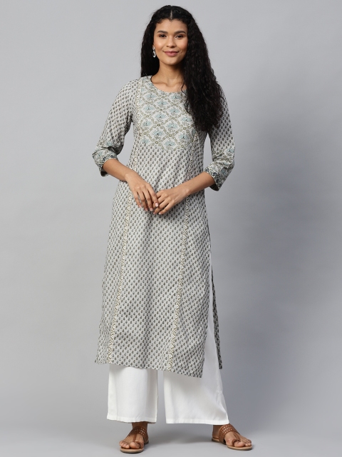 

Rain & Rainbow Women Grey & Olive Green Printed Straight Kurta