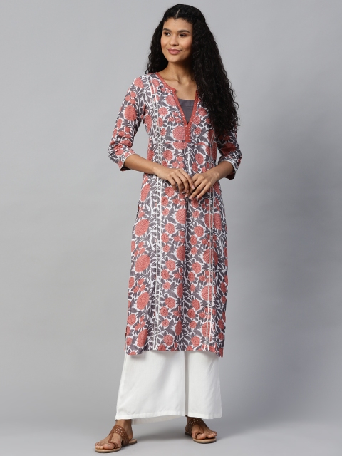 

Rain & Rainbow Women Dusty Pink & White Printed Straight Kurta