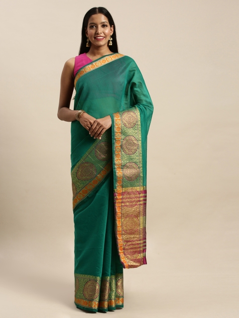 

SANGAM PRINTS Green & Pink Silk Blend Solid Khadi Saree