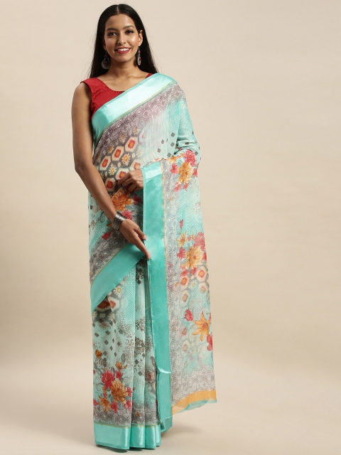 

SANGAM PRINTS Turquoise Blue Printed Polycotton Saree