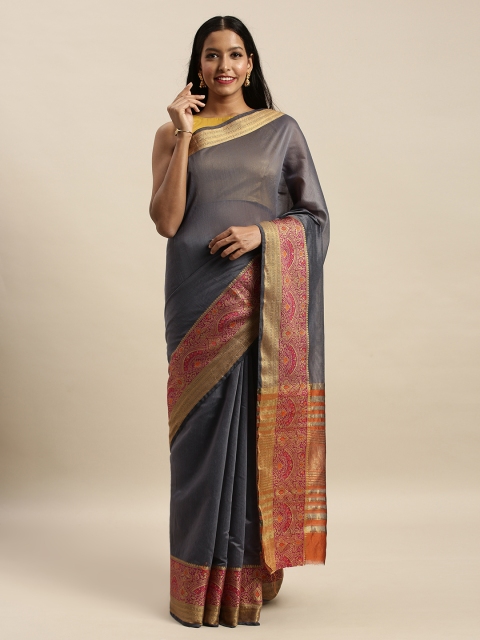 

SANGAM PRINTS Grey & Orange Silk Blend Solid Khadi Saree