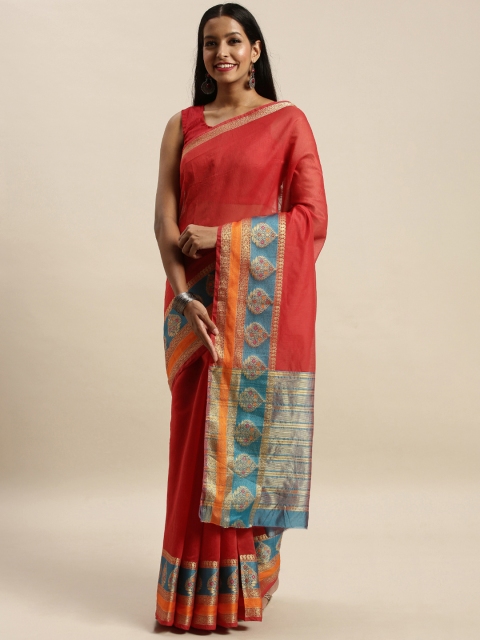 

SANGAM PRINTS Red Silk Blend Solid Khadi Saree