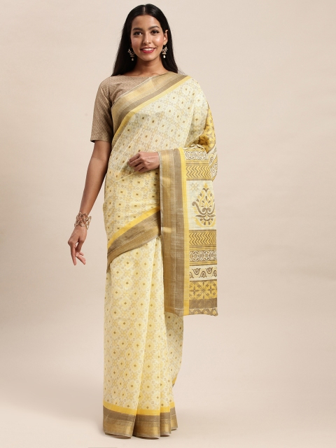 

SANGAM PRINTS Beige & Yellow Polycotton Geometric Printed Saree
