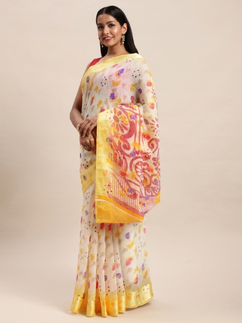 

SANGAM PRINTS Cream-Coloured & Yellow Polycotton Printed Saree