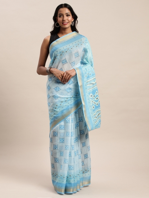 

SANGAM PRINTS Blue & White Polycotton Printed Saree