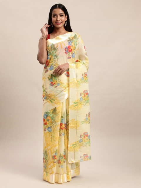 

SANGAM PRINTS Cream-Coloured & Yellow Polycotton Printed Saree