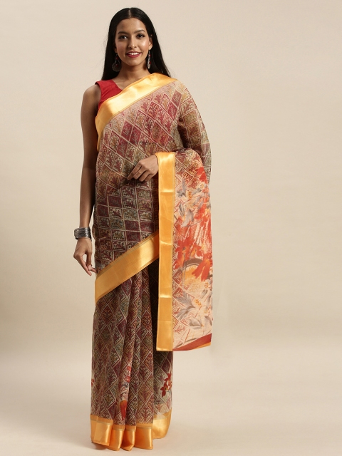 

SANGAM PRINTS Brown & Red Polycotton Printed Saree