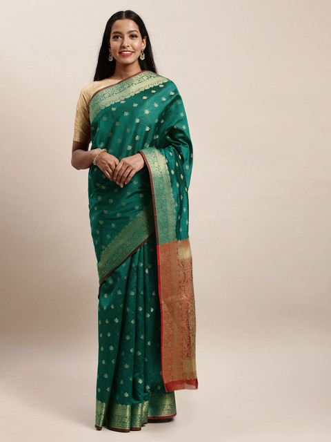 

SANGAM PRINTS Green & Gold-Toned Pure Silk Woven Design Handloom Saree