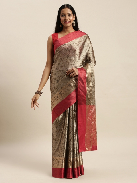 

SANGAM PRINTS Taupe & Red Pure Silk Woven Design Handloom Saree