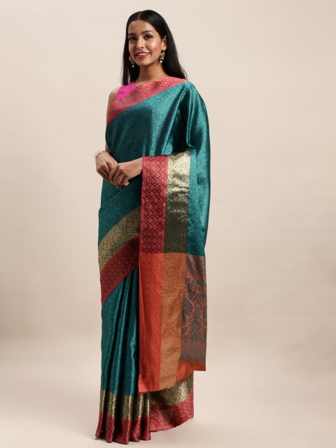 

SANGAM PRINTS Teal Woven Design Pure Silk Handloom Saree