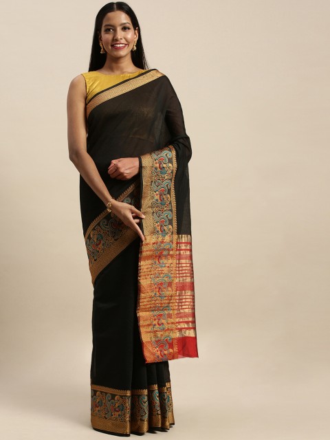 

SANGAM PRINTS Black & Red Silk Blend Solid Khadi Saree