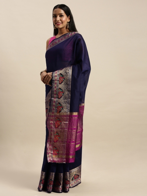 

SANGAM PRINTS Navy Blue & Purple Silk Blend Solid Khadi Saree