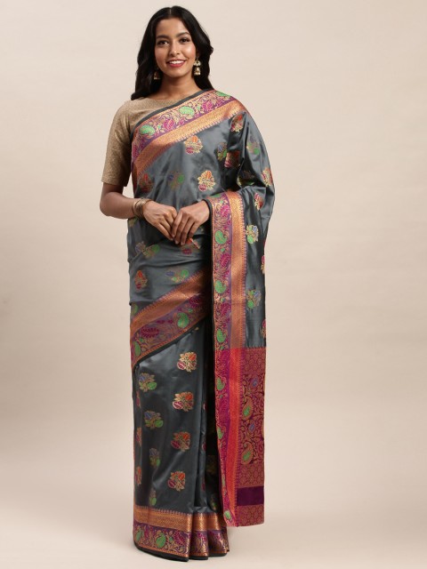 

SANGAM PRINTS Grey & Gold-Toned Pure Silk Woven Design Banarasi Saree