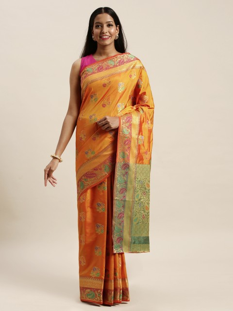 

SANGAM PRINTS Mustard Orange Pure Silk Woven Design Banarasi Saree