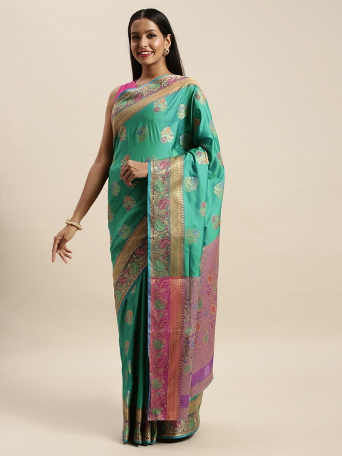 

SANGAM PRINTS Teal Green Pure Silk Woven Design Banarasi Saree