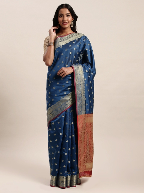 

SANGAM PRINTS Navy Blue & Gold-Toned Pure Silk Woven Design Handloom Saree