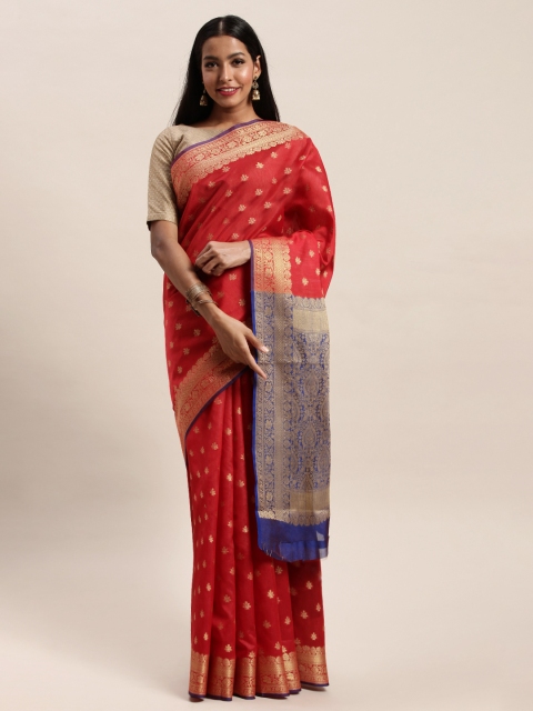 

SANGAM PRINTS Red & Gold-Toned Pure Silk Woven Design Handloom Saree