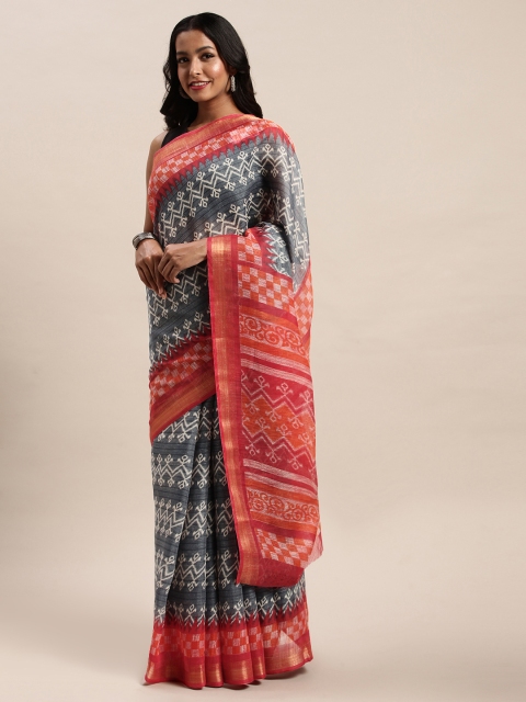 

SANGAM PRINTS Grey & Red Polycotton Printed Saree