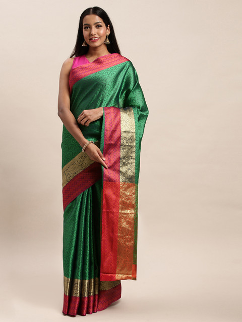 

SANGAM PRINTS Green & Pink Woven Design Pure Silk Saree