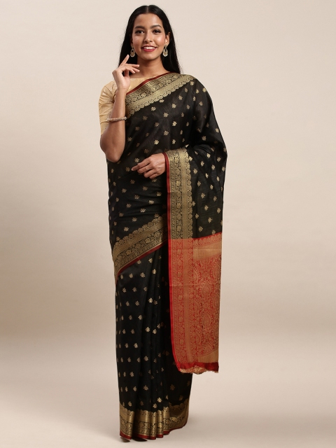 

SANGAM PRINTS Black & Gold-Toned Pure Silk Woven Design Handloom Saree