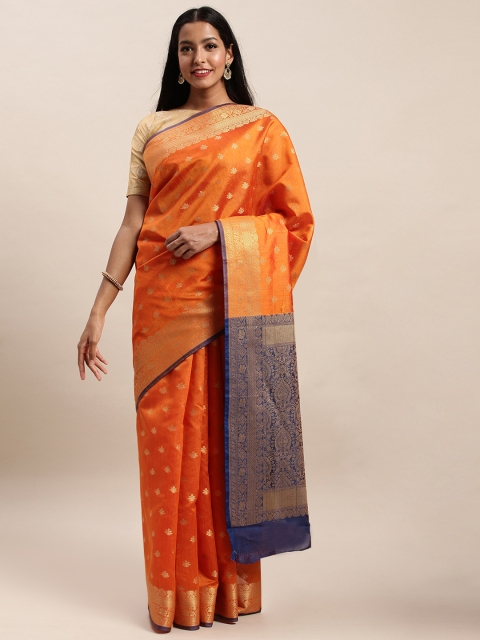 

SANGAM PRINTS Orange & Gold-Toned Pure Silk Woven Design Handloom Saree