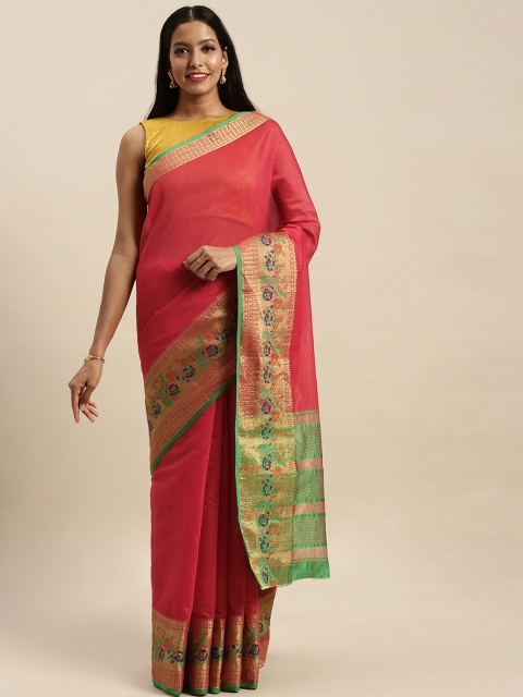 

SANGAM PRINTS Pink & Green Silk Blend Solid Khadi Saree