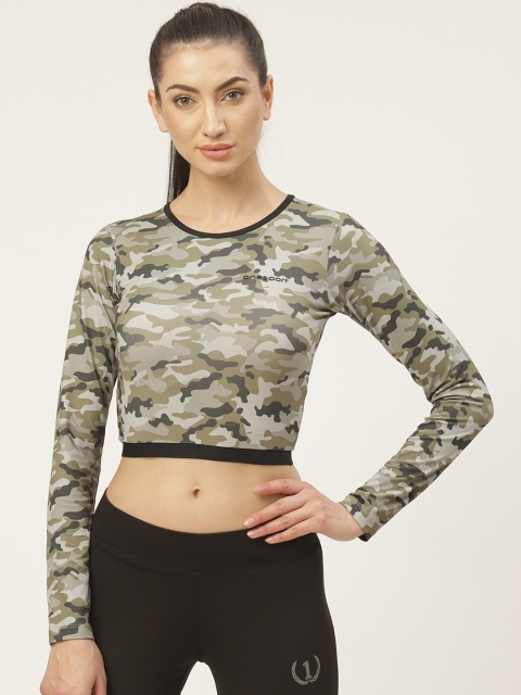 

onesport Women Olive Green & Charcoal Grey Printed Round Neck T-shirt
