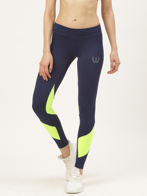

onesport Women Navy Blue & Fluorescent Green Colourblocked Training Tights