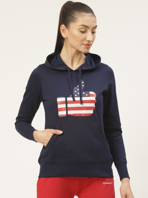 

onesport Women Navy Blue Printed Hooded Sweatshirt