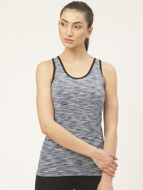 

onesport Women Blue & White Self-Striped Cropped Tank Top