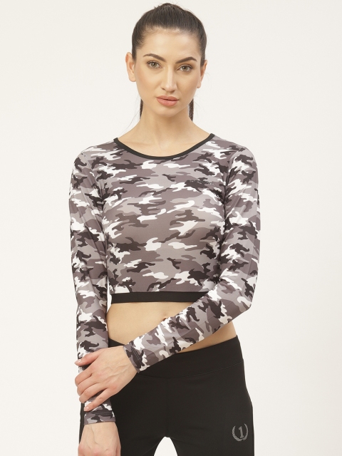 

onesport Women Grey & White Camouflage Printed Round Neck Cropped T-shirt