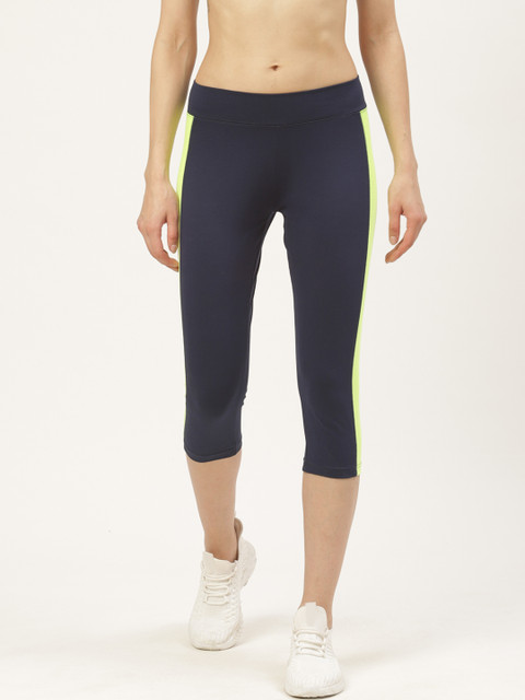 

onesport Women Navy Blue & Fluorescent Green Solid Capris