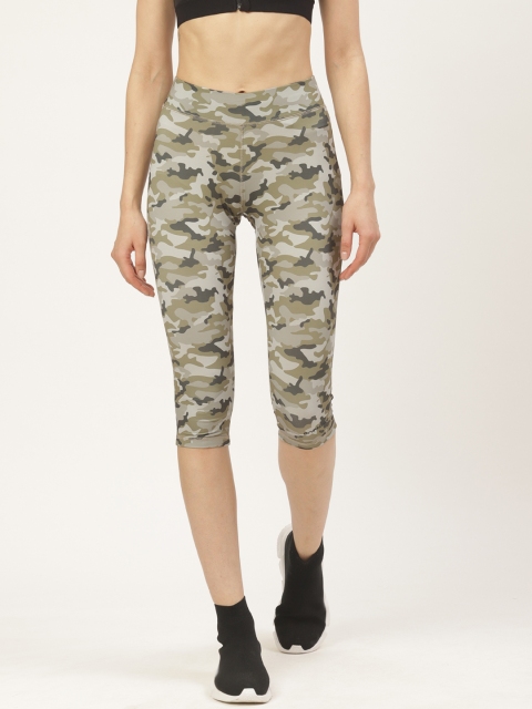 

onesport Women Olive Green & Charcoal Grey Camouflage Print Capris