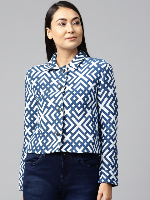 

I AM FOR YOU Women Blue & White Printed Jacquard Tailored Jacket
