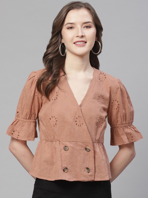 

I AM FOR YOU Women Peach-Coloured Schiffli Embroidered Wrap Top