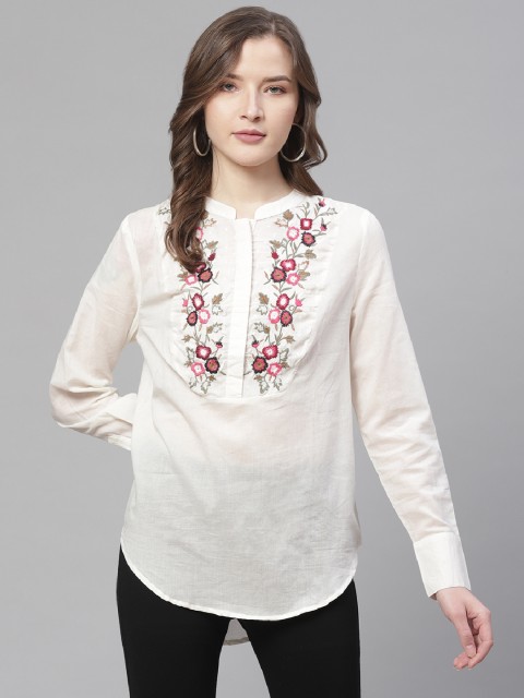 

I AM FOR YOU Women Off-White & Pink Floral Embroidered High-Low Pure Cotton Top