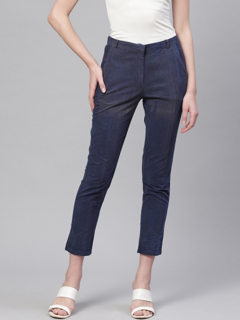 

I AM FOR YOU Women Navy Blue Solid Regular Cropped Corduroy Trousers
