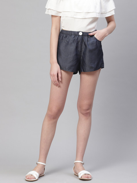 

I AM FOR YOU Women Navy Blue Solid Regular Fit Chambray Shorts