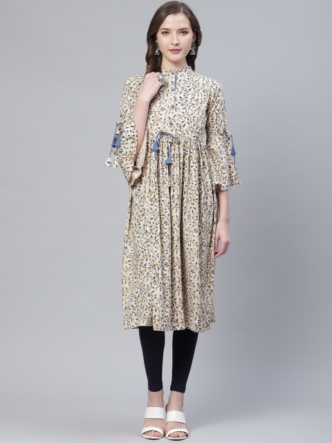 

I AM FOR YOU Women Beige & Olive Green Floral Printed A-Line Kurta