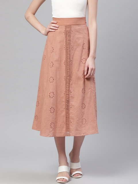 

I AM FOR YOU Women Rust Orange Schiffli Embroidered Midi A-Line Pure Cotton Skirt