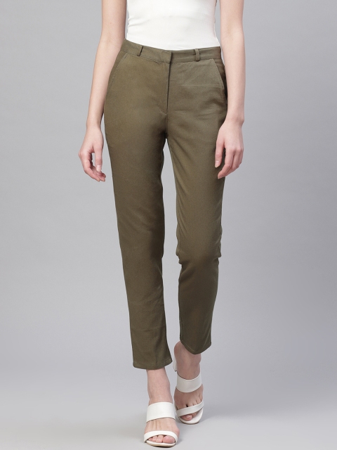 

I AM FOR YOU Women Olive Green Solid Twill Weave Regular Cropped Trousers