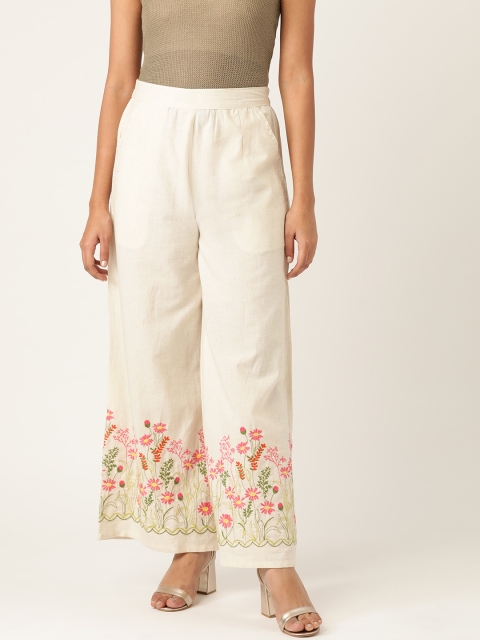 

RANGMAYEE Women Off-White Hem Design Wide Leg Palazzos