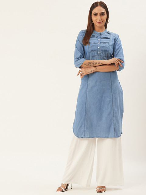 

RANGMAYEE Women Blue Solid Chambray Straight Kurta