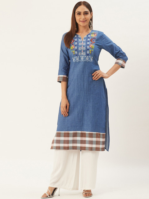 

RANGMAYEE Women Blue & White Yoke Design Denim Straight Kurta