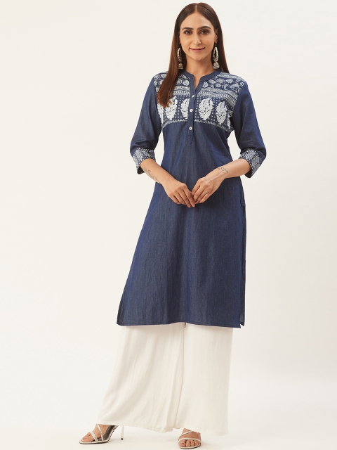 

RANGMAYEE Women Navy Blue & White Yoke Design Denim Straight Kurta