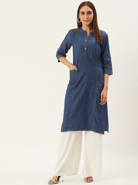 

RANGMAYEE Women Navy Blue Solid Denim Straight Kurta